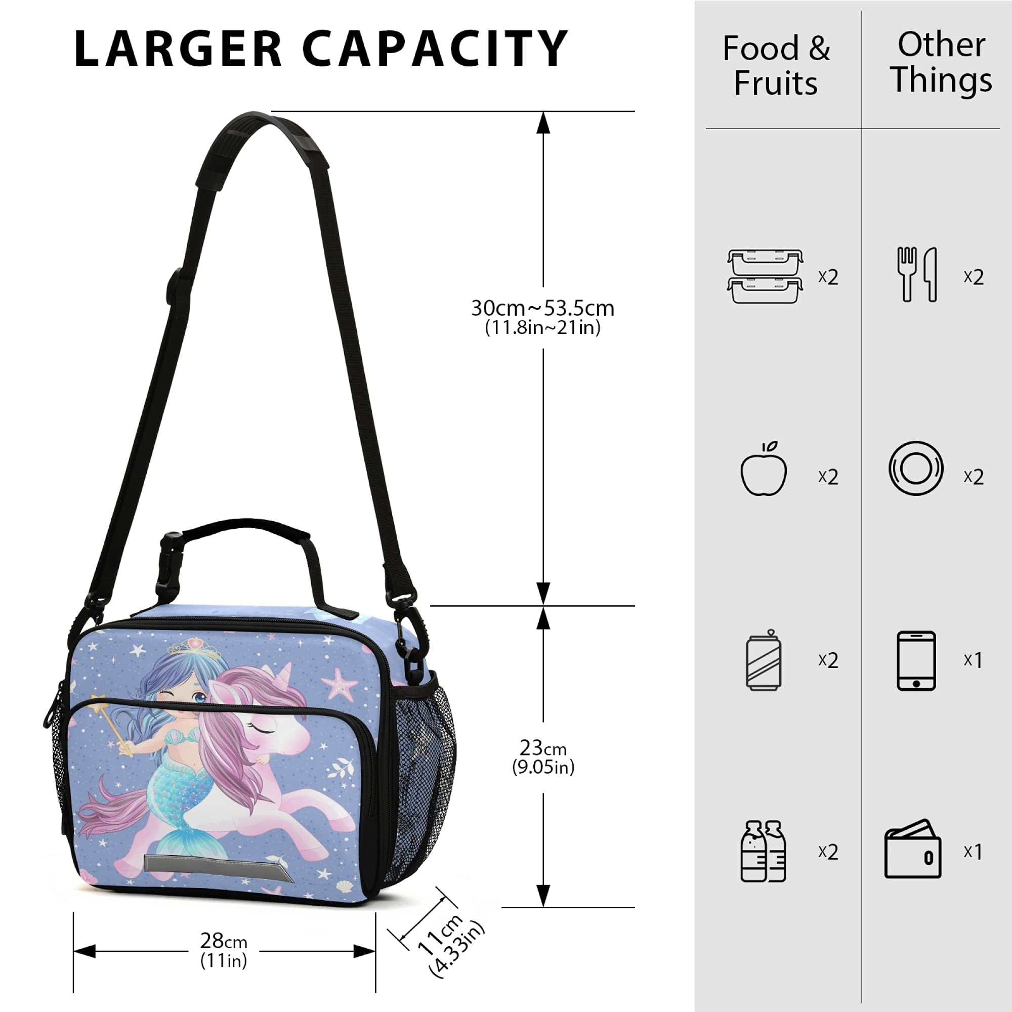 ZOEO Girls Mermaid Unicorn Lunch Box Blue Magic Horse Prep Kids Cooler Insulated Lunch Bag Tote Freezable Shoulder Strap Waterproof Picnic Meal for School Office