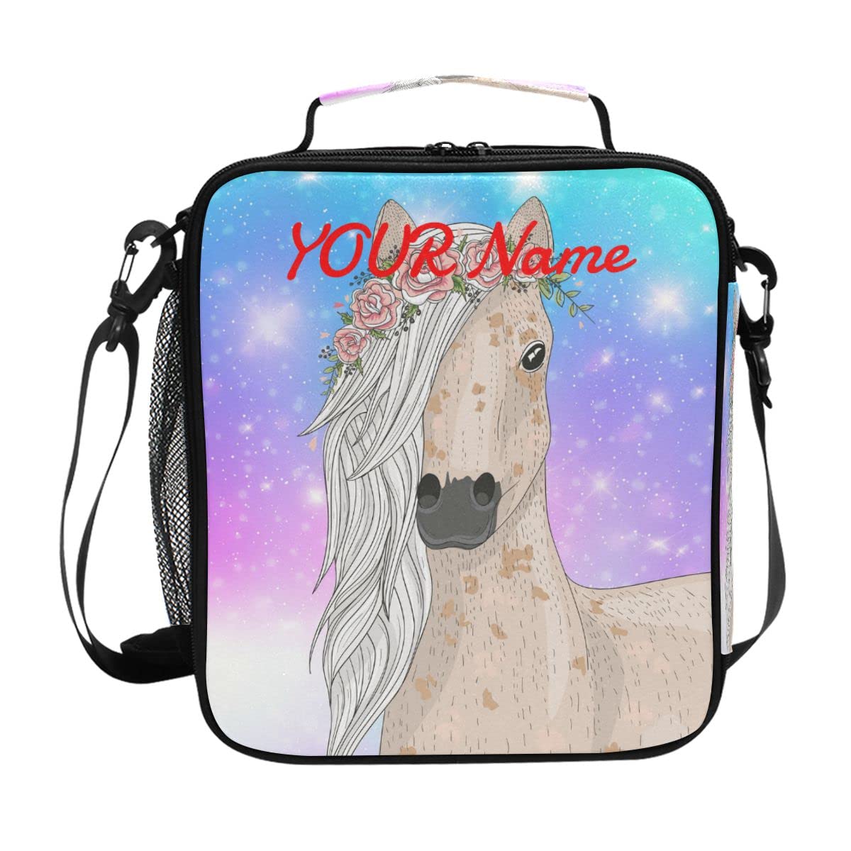 Personalized Name Lunch Boxes for Kids Girls Galxy Customized School Lunchbox Bag Insulated with Shoulder Strap,Galaxy Horse,Lb113