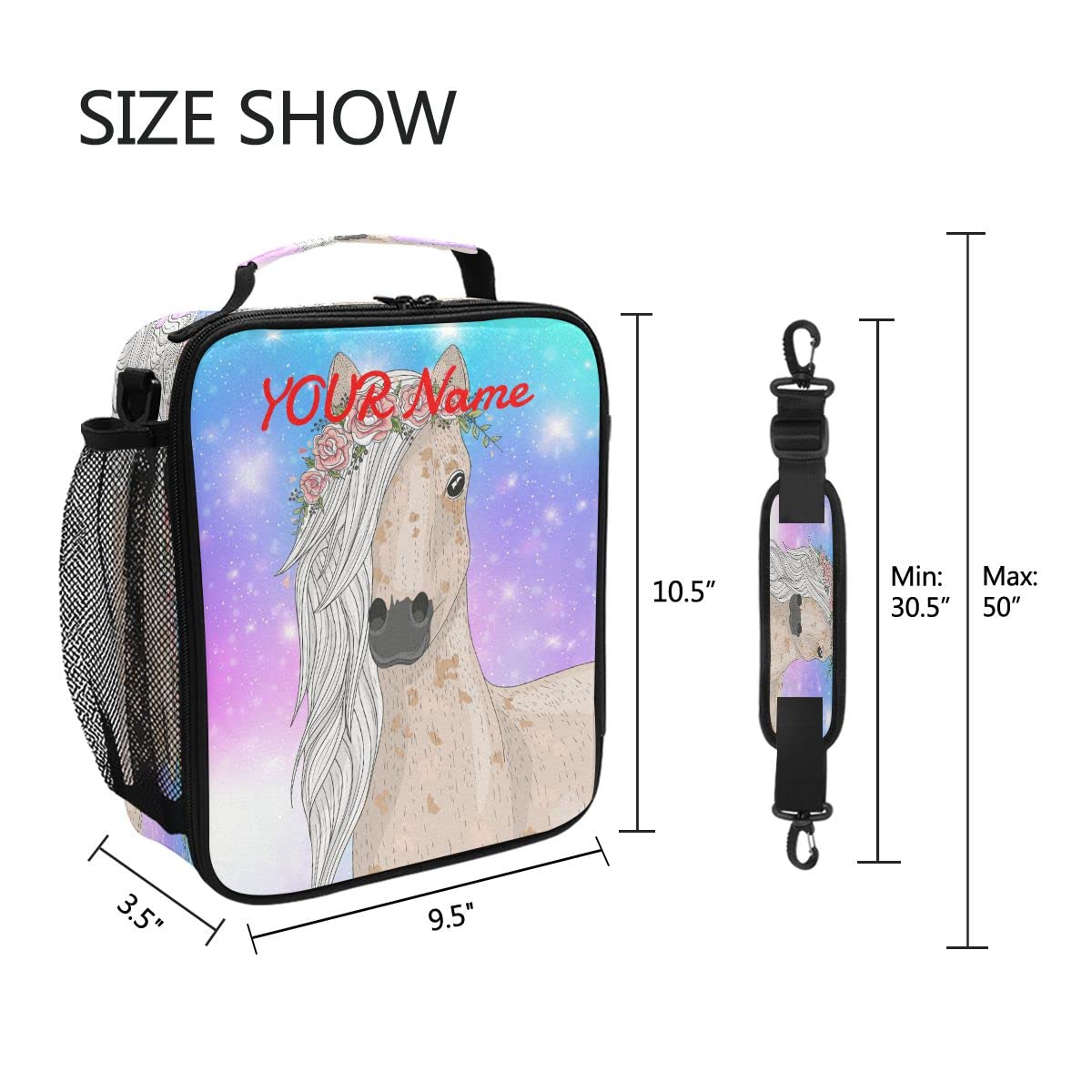 Personalized Name Lunch Boxes for Kids Girls Galxy Customized School Lunchbox Bag Insulated with Shoulder Strap,Galaxy Horse,Lb113