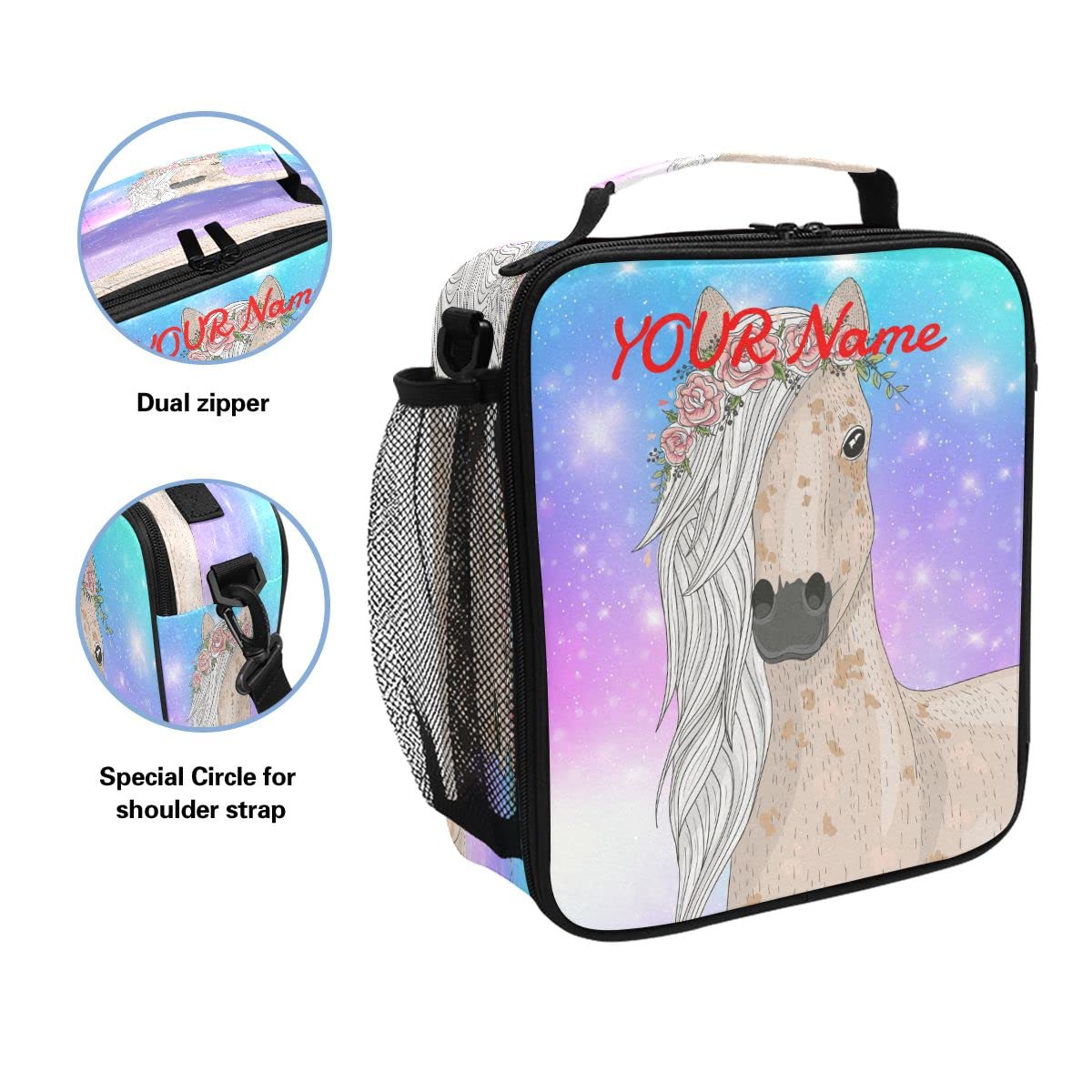 Personalized Name Lunch Boxes for Kids Girls Galxy Customized School Lunchbox Bag Insulated with Shoulder Strap,Galaxy Horse,Lb113