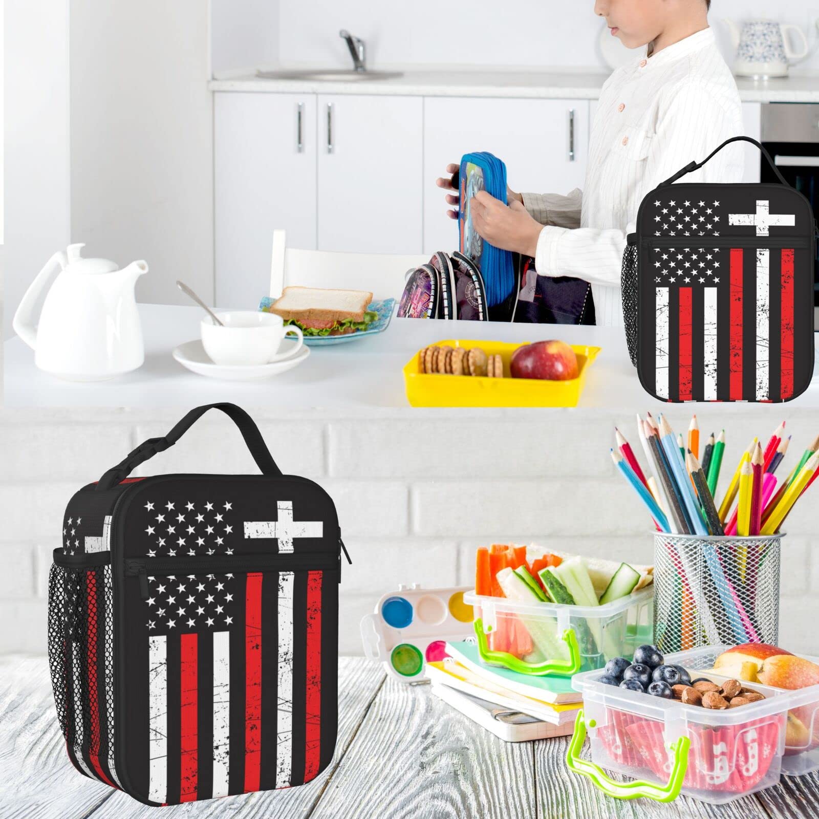 PrelerDIY Distressed American Flag Lunch Box - Insulated Lunch Bags for Women/Men/Girls/Boys Detachable Handle Lunchbox Meal Tote Bag