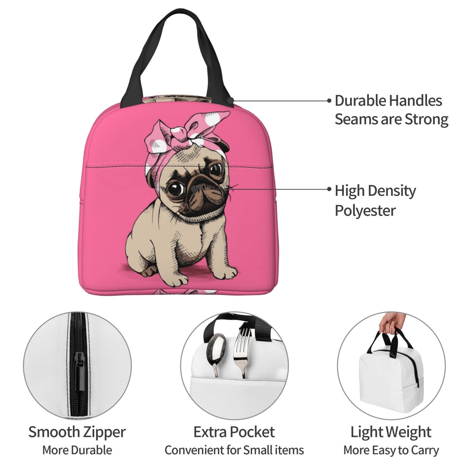 vlaxwaif Pug Dog Lunch Box Tote Lunch Bag Insulated Portable Meal Bag Handbags With Front Pocket For Women Men Girls Boys Suitable School Work Picnic