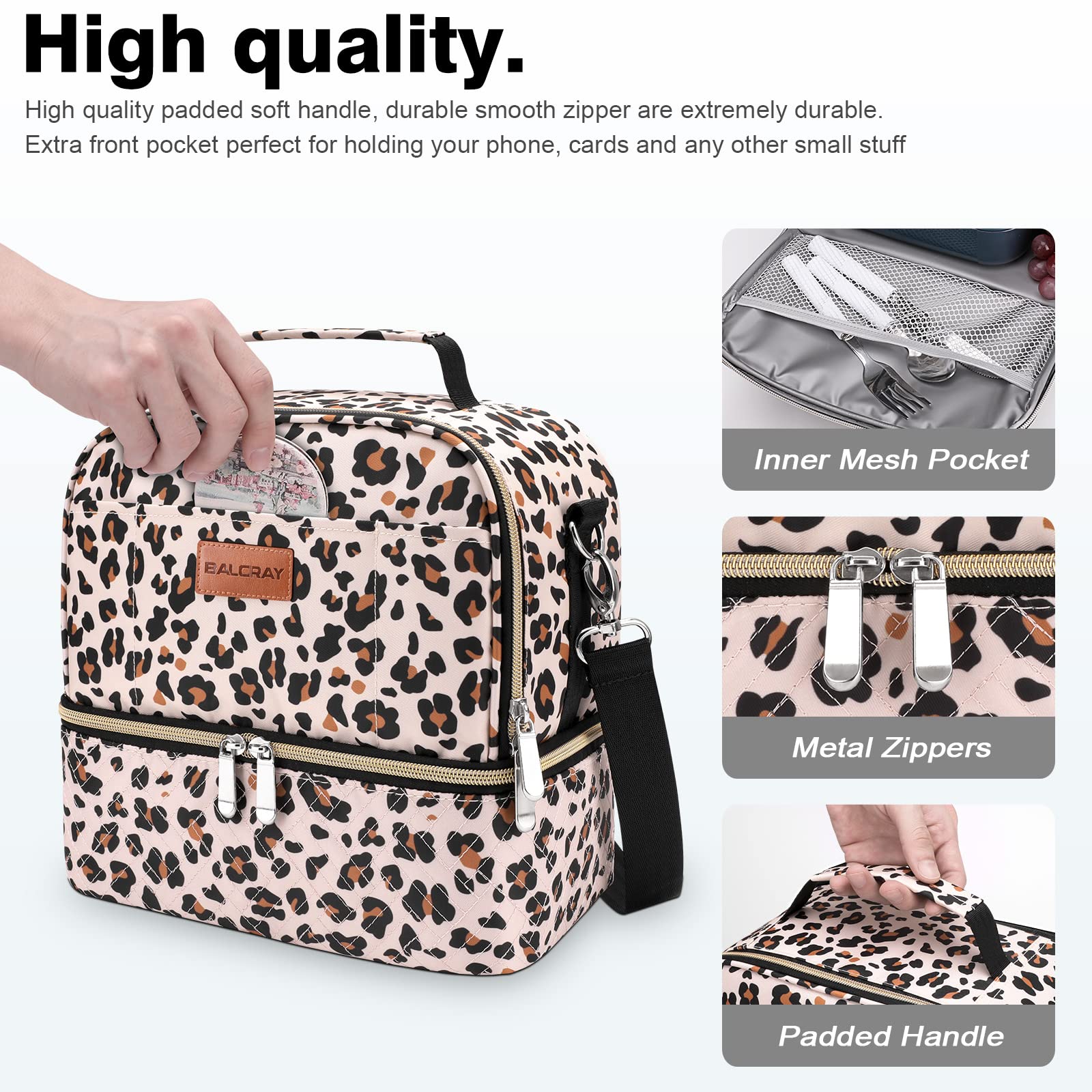 BALORAY Lunch Bag Women Men, Double Deck Lunch Box Insulated Lunch Bag for Adults Work Office Picnic, Leakproof Cooler Bag with Adjustable Shoulder Strap