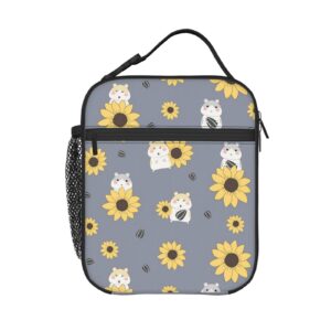 kiuloam insulated lunch box cute hamster and sunflower reusable lunch bag with shoulder strap for women/men/girls/boys lunchbox meal tote bag