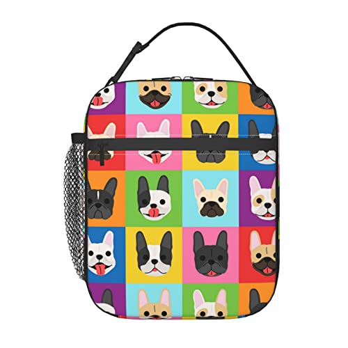 Lizinna Rportable Lunch Bag For Women/Men Insulated,French Bulldog Faces Art Style,Insulatedreusable Lunch Box For Office Work School Picnic Beach,Leakproof Cooler Tote Bag