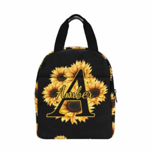 InterestPrint Custom Name Sunflower Lunch Bag for Men Women Personalized Text Cooler Lunch Box Portable Reusable Lunch Bag Gift for Workout Camping