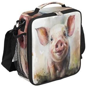cfpolar insulated lunch bag, retro cute piggy lunch box wide opened tote reusable lunch container organizer thermal cooler bag with shoulder strap for school office picnic hiking beach fishing