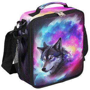 insulated lunch bag, purple blue universe wolf lunch box wide opened tote reusable lunch container organizer thermal cooler bag with shoulder strap for school office picnic hiking beach fishing