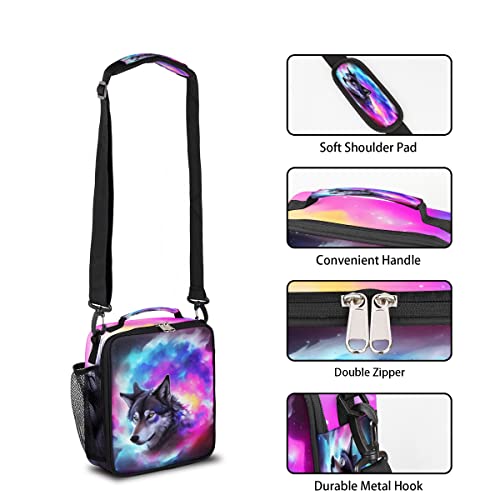 Insulated Lunch Bag, Purple Blue Universe Wolf Lunch Box Wide Opened Tote Reusable Lunch Container Organizer Thermal Cooler Bag with Shoulder Strap for School Office Picnic Hiking Beach Fishing