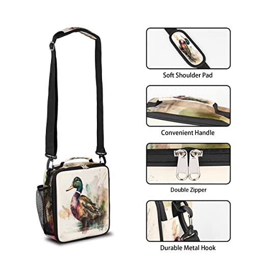 cfpolar Insulated Lunch Bag, Retro Watercolor Duck Lunch Box Wide Opened Tote Reusable Lunch Container Organizer Thermal Cooler Bag with Shoulder Strap for School Office Picnic Hiking Beach Fishing