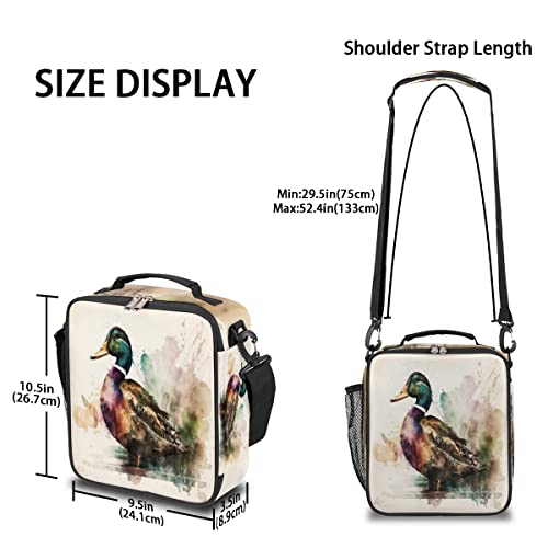 cfpolar Insulated Lunch Bag, Retro Watercolor Duck Lunch Box Wide Opened Tote Reusable Lunch Container Organizer Thermal Cooler Bag with Shoulder Strap for School Office Picnic Hiking Beach Fishing