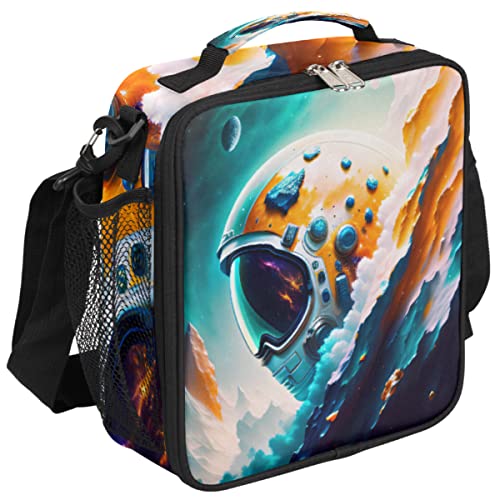 cfpolar Insulated Lunch Bag, Astronaut Hemet Planet Lunch Box Wide Opened Tote Reusable Lunch Container Organizer Thermal Cooler Bag with Shoulder Strap for School Office Picnic Hiking Beach Fishing