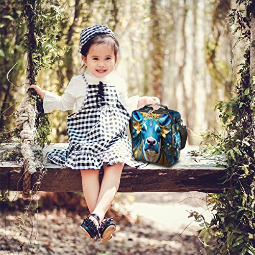 cfpolar Insulated Lunch Bag, Ethnic Style Cow Lunch Box Wide Opened Tote Reusable Lunch Container Organizer Thermal Cooler Bag with Shoulder Strap for School Office Picnic Hiking Beach Fishing