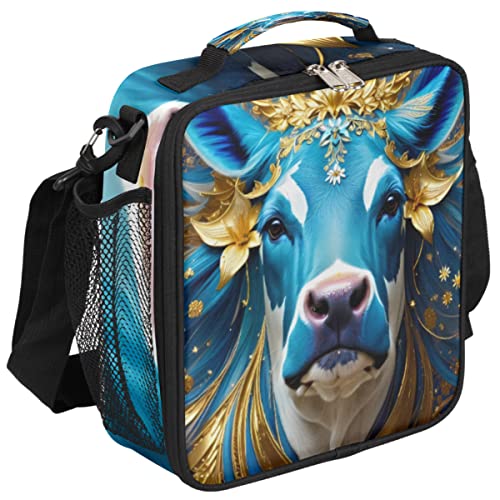 cfpolar Insulated Lunch Bag, Ethnic Style Cow Lunch Box Wide Opened Tote Reusable Lunch Container Organizer Thermal Cooler Bag with Shoulder Strap for School Office Picnic Hiking Beach Fishing