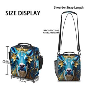 cfpolar Insulated Lunch Bag, Ethnic Style Cow Lunch Box Wide Opened Tote Reusable Lunch Container Organizer Thermal Cooler Bag with Shoulder Strap for School Office Picnic Hiking Beach Fishing