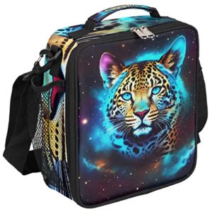 insulated lunch bag, galaxy space animal leopard lunch box wide opened tote reusable lunch container organizer thermal cooler bag with shoulder strap for school office picnic hiking beach fishing