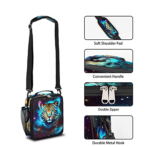 Insulated Lunch Bag, Galaxy Space Animal Leopard Lunch Box Wide Opened Tote Reusable Lunch Container Organizer Thermal Cooler Bag with Shoulder Strap for School Office Picnic Hiking Beach Fishing