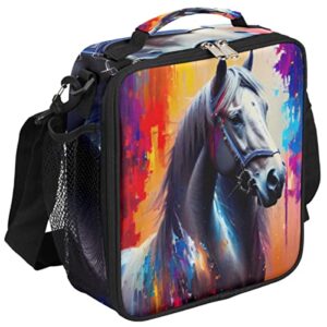 cfpolar insulated lunch bag, oil painting horse lunch box wide opened tote reusable lunch container organizer thermal cooler bag with shoulder strap for school office picnic hiking beach fishing