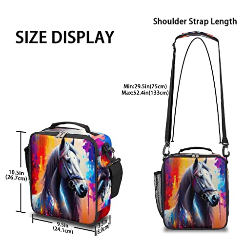 cfpolar Insulated Lunch Bag, Oil Painting Horse Lunch Box Wide Opened Tote Reusable Lunch Container Organizer Thermal Cooler Bag with Shoulder Strap for School Office Picnic Hiking Beach Fishing