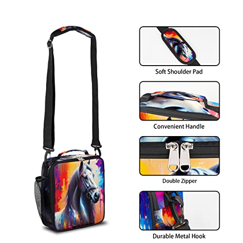 cfpolar Insulated Lunch Bag, Oil Painting Horse Lunch Box Wide Opened Tote Reusable Lunch Container Organizer Thermal Cooler Bag with Shoulder Strap for School Office Picnic Hiking Beach Fishing