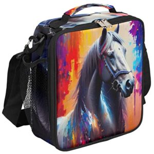 cfpolar Insulated Lunch Bag, Oil Painting Horse Lunch Box Wide Opened Tote Reusable Lunch Container Organizer Thermal Cooler Bag with Shoulder Strap for School Office Picnic Hiking Beach Fishing