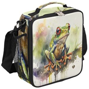 insulated lunch bag, vintage watercolor frog painting lunch box wide opened tote reusable lunch container organizer thermal cooler bag with shoulder strap for school office picnic hiking beach fishing