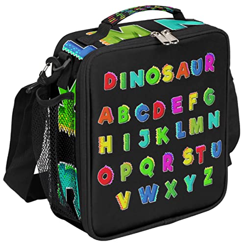 cfpolar Insulated Lunch Bag, Cute Dinosaur Alphabet Lunch Box Wide Opened Tote Reusable Lunch Container Organizer Thermal Cooler Bag with Shoulder Strap for School Office Picnic Hiking Beach Fishing