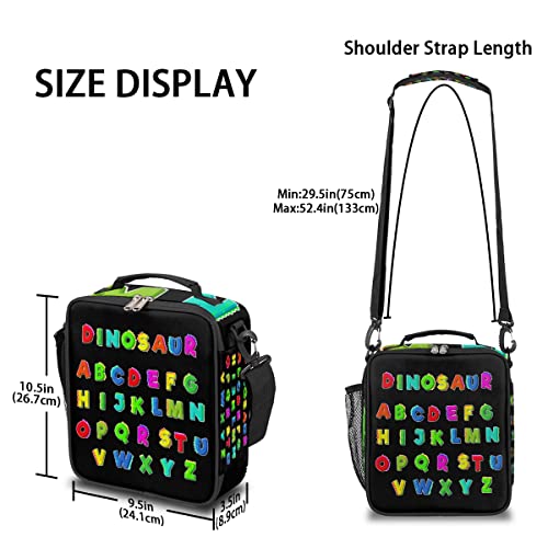 cfpolar Insulated Lunch Bag, Cute Dinosaur Alphabet Lunch Box Wide Opened Tote Reusable Lunch Container Organizer Thermal Cooler Bag with Shoulder Strap for School Office Picnic Hiking Beach Fishing