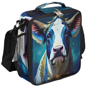 cfpolar insulated lunch bag, ethnic gorgeous cow lunch box wide opened tote reusable lunch container organizer thermal cooler bag with shoulder strap for school office picnic hiking beach fishing