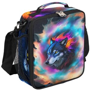 cfpolar insulated lunch bag, universe fog wolf lunch box wide opened tote reusable lunch container organizer thermal cooler bag with shoulder strap for school office picnic hiking beach fishing