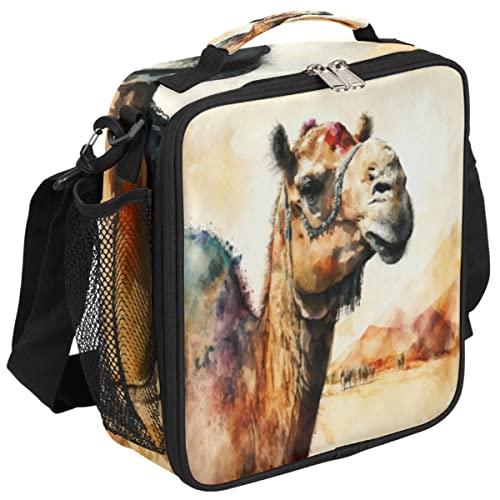 Insulated Lunch Bag, Vintage Watercolor Desert Camel Lunch Box Wide Opened Tote Reusable Lunch Container Organizer Thermal Cooler Bag with Shoulder Strap for School Office Picnic Hiking Beach Fishing