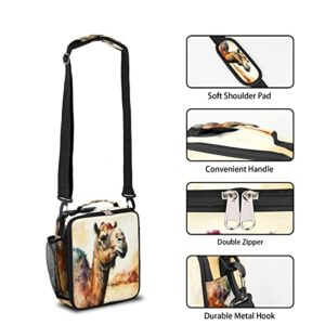 Insulated Lunch Bag, Vintage Watercolor Desert Camel Lunch Box Wide Opened Tote Reusable Lunch Container Organizer Thermal Cooler Bag with Shoulder Strap for School Office Picnic Hiking Beach Fishing