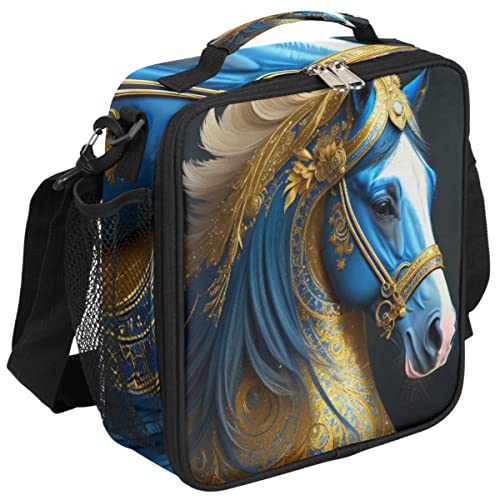 cfpolar Insulated Lunch Bag, Ethnic Animal Horse Lunch Box Wide Opened Tote Reusable Lunch Container Organizer Thermal Cooler Bag with Shoulder Strap for School Office Picnic Hiking Beach Fishing