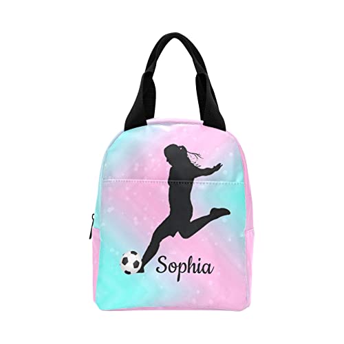 CUXWEOT Personalized Lunch Bags for Boys Girls Lunch Boxes Tote Reusable Meal Container with 2 Pockets for Office Work Picnic Cute Girls Soccer