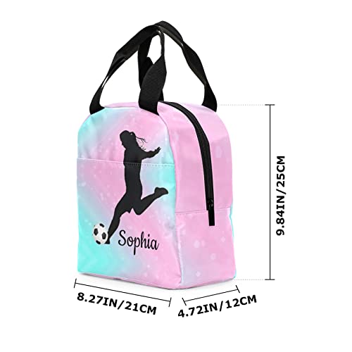 CUXWEOT Personalized Lunch Bags for Boys Girls Lunch Boxes Tote Reusable Meal Container with 2 Pockets for Office Work Picnic Cute Girls Soccer