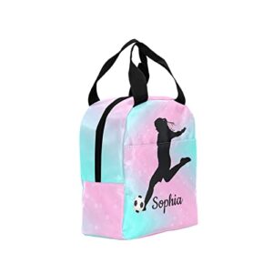 CUXWEOT Personalized Lunch Bags for Boys Girls Lunch Boxes Tote Reusable Meal Container with 2 Pockets for Office Work Picnic Cute Girls Soccer