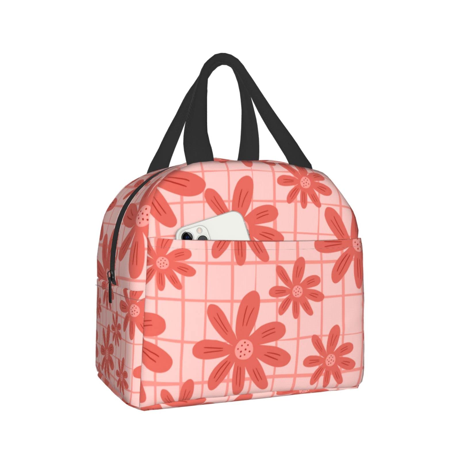 Pink Floral Lunch Box Reusable Lunch Bag for Travel Picnic Shopping work Food Container for Women Men Adults