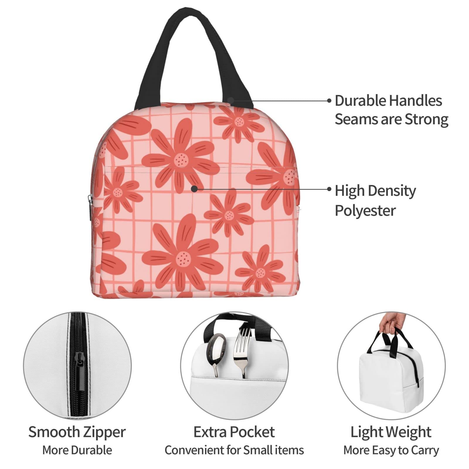 Pink Floral Lunch Box Reusable Lunch Bag for Travel Picnic Shopping work Food Container for Women Men Adults