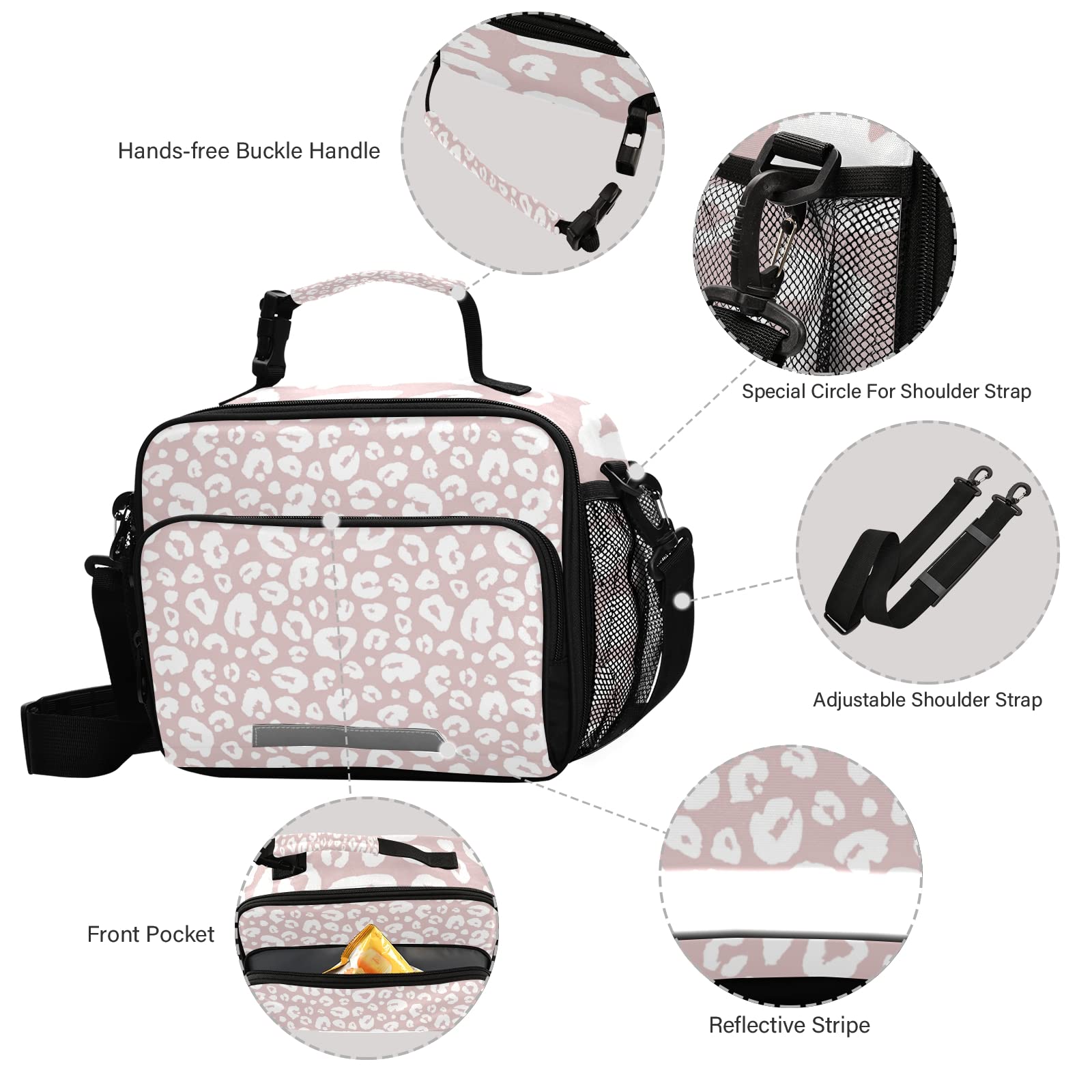 Qilmy Lunch Bag Pink Leopard Insulated Lunch Box Cooler Tote Removable Shoulder Strap Meal Picnic Bags for Outdoor School Travel Office Work