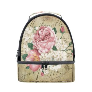 vintage shabby chic pink rose floral lunch tote bag for kid's,double decker insulated lunchbox bag,leakproof thermal cooler bag for men women youth