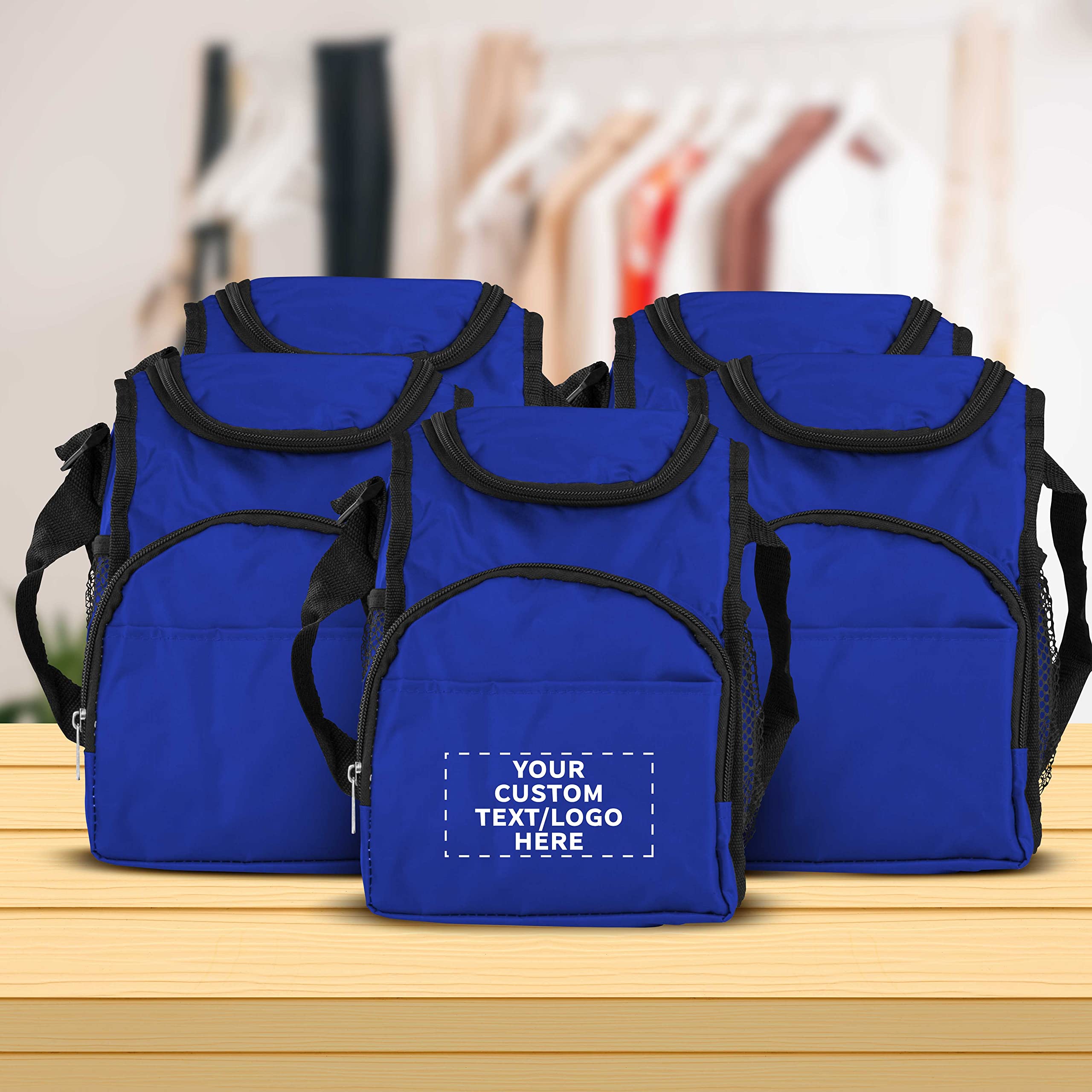 DISCOUNT PROMOS Custom Multipurpose Zippered Lunch Bags Set of 50, Personalized Bulk Pack - Meal Holder, Perfect for Work, Camping and Other Outdoor Events - Blue