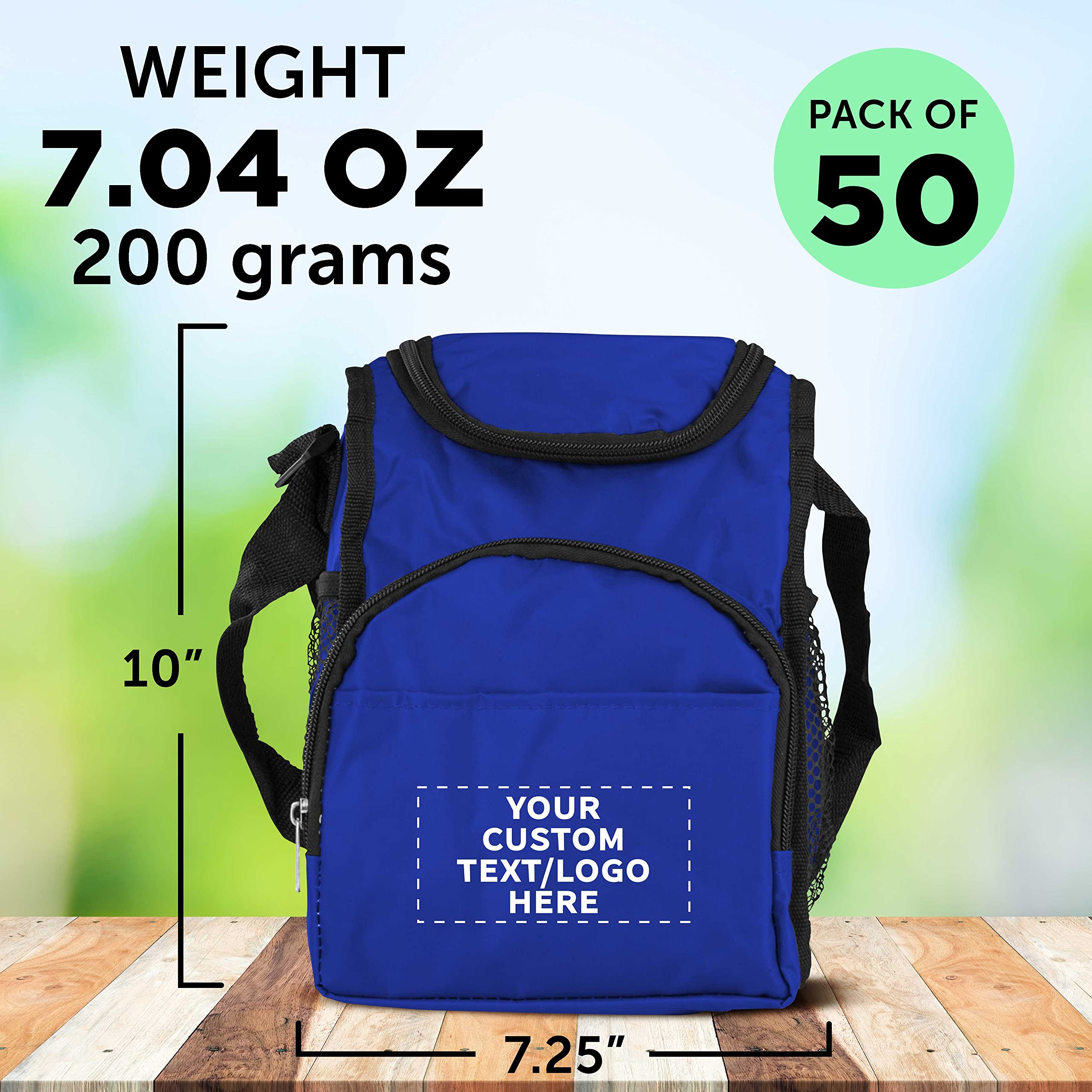 DISCOUNT PROMOS Custom Multipurpose Zippered Lunch Bags Set of 50, Personalized Bulk Pack - Meal Holder, Perfect for Work, Camping and Other Outdoor Events - Blue