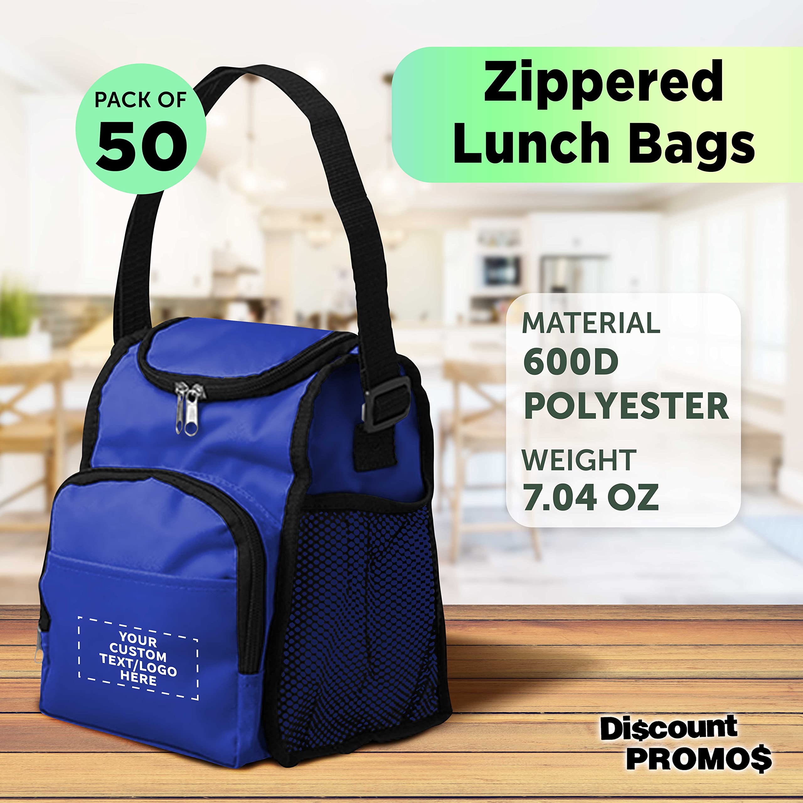 DISCOUNT PROMOS Custom Multipurpose Zippered Lunch Bags Set of 50, Personalized Bulk Pack - Meal Holder, Perfect for Work, Camping and Other Outdoor Events - Blue