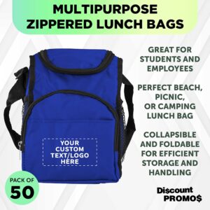 DISCOUNT PROMOS Custom Multipurpose Zippered Lunch Bags Set of 50, Personalized Bulk Pack - Meal Holder, Perfect for Work, Camping and Other Outdoor Events - Blue