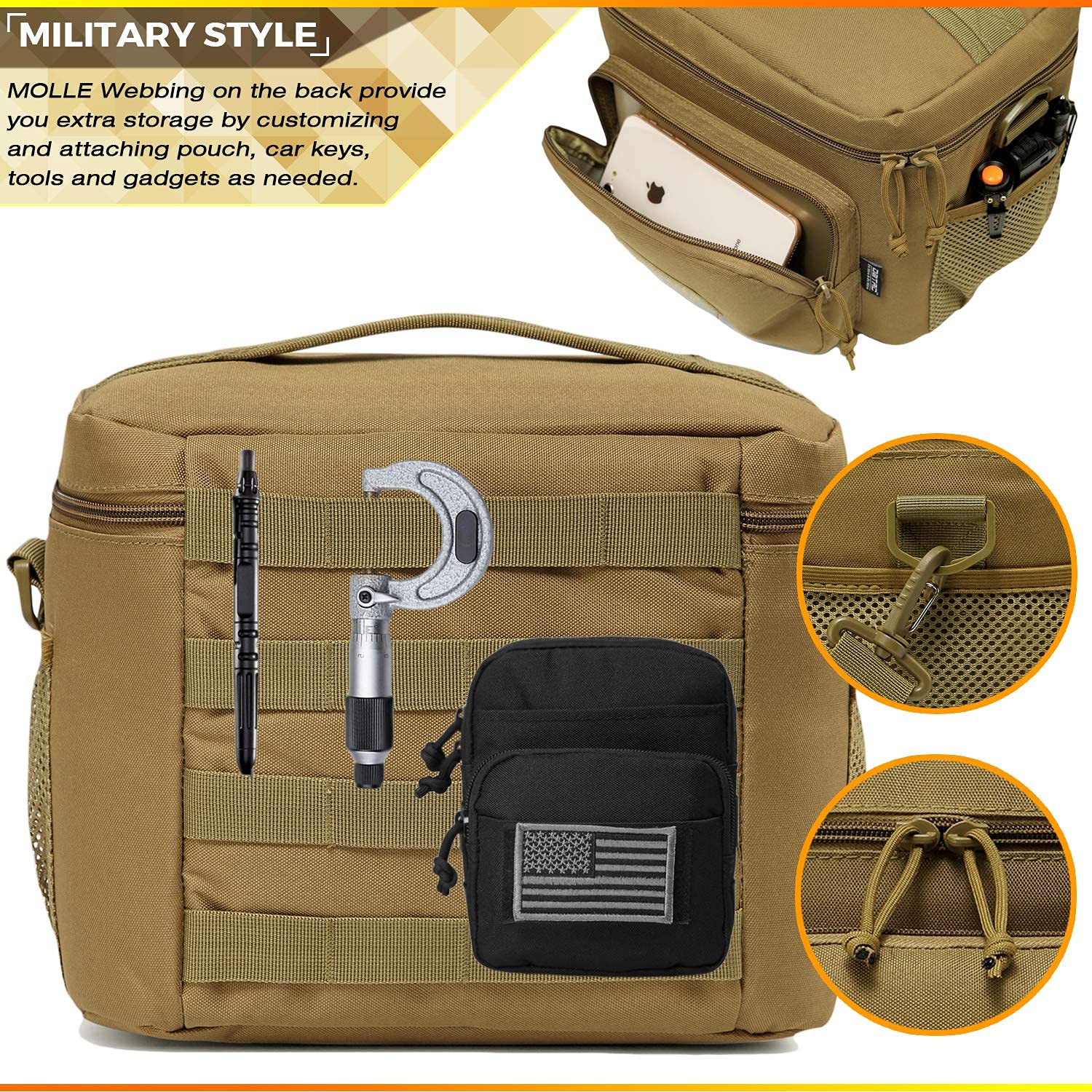 DBTAC Tactical Concealed Carry Sling Bag (Tan) + Tactical Lunch Bag (Tan), Durable Material with adjustable shoulder strap, Multi-functional Design