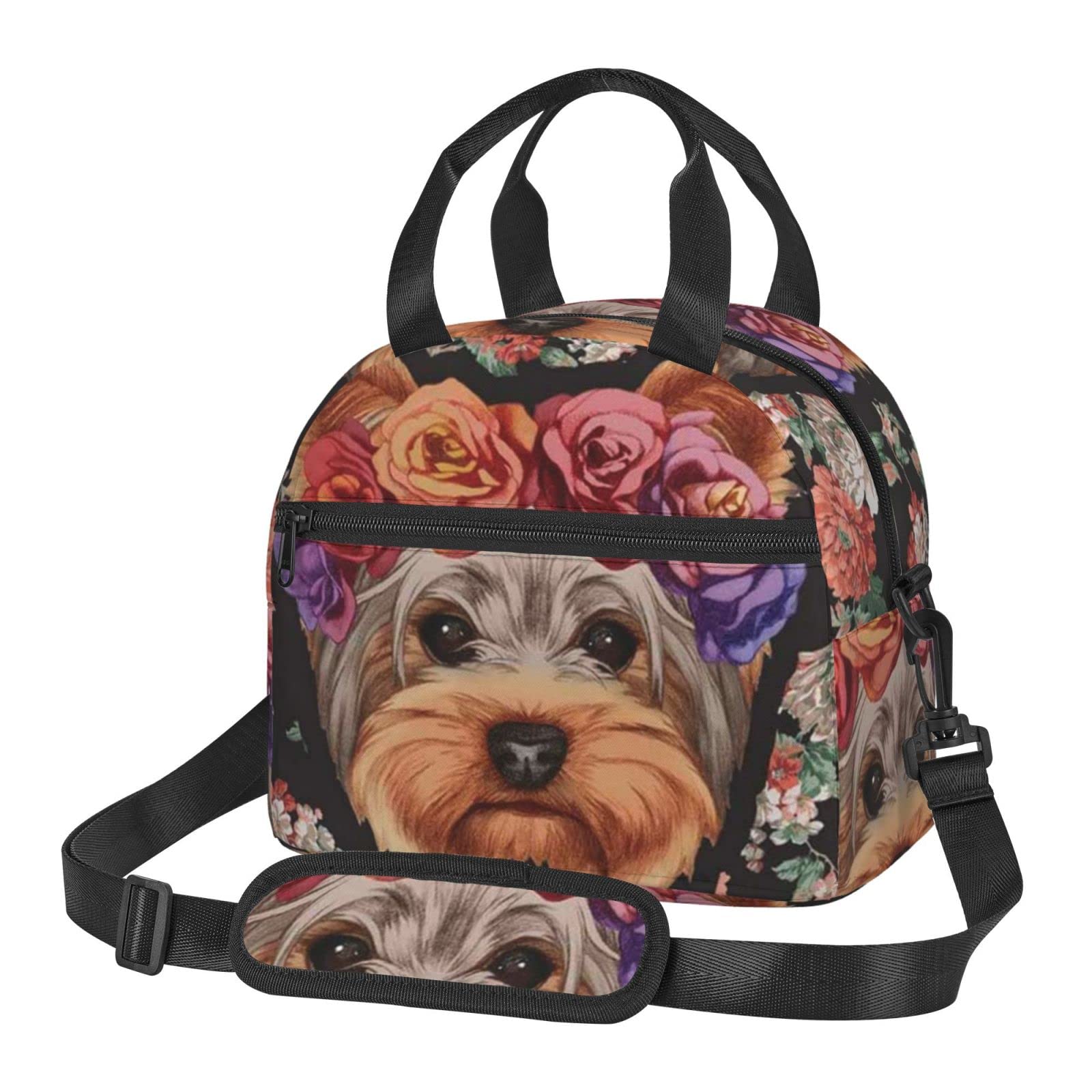 NHGFVT Lunch Bag For Women/Men Cooler Tote Bag Freezable Yorkie Dog Floral Lunch Box With Adjustable Shoulder Strap