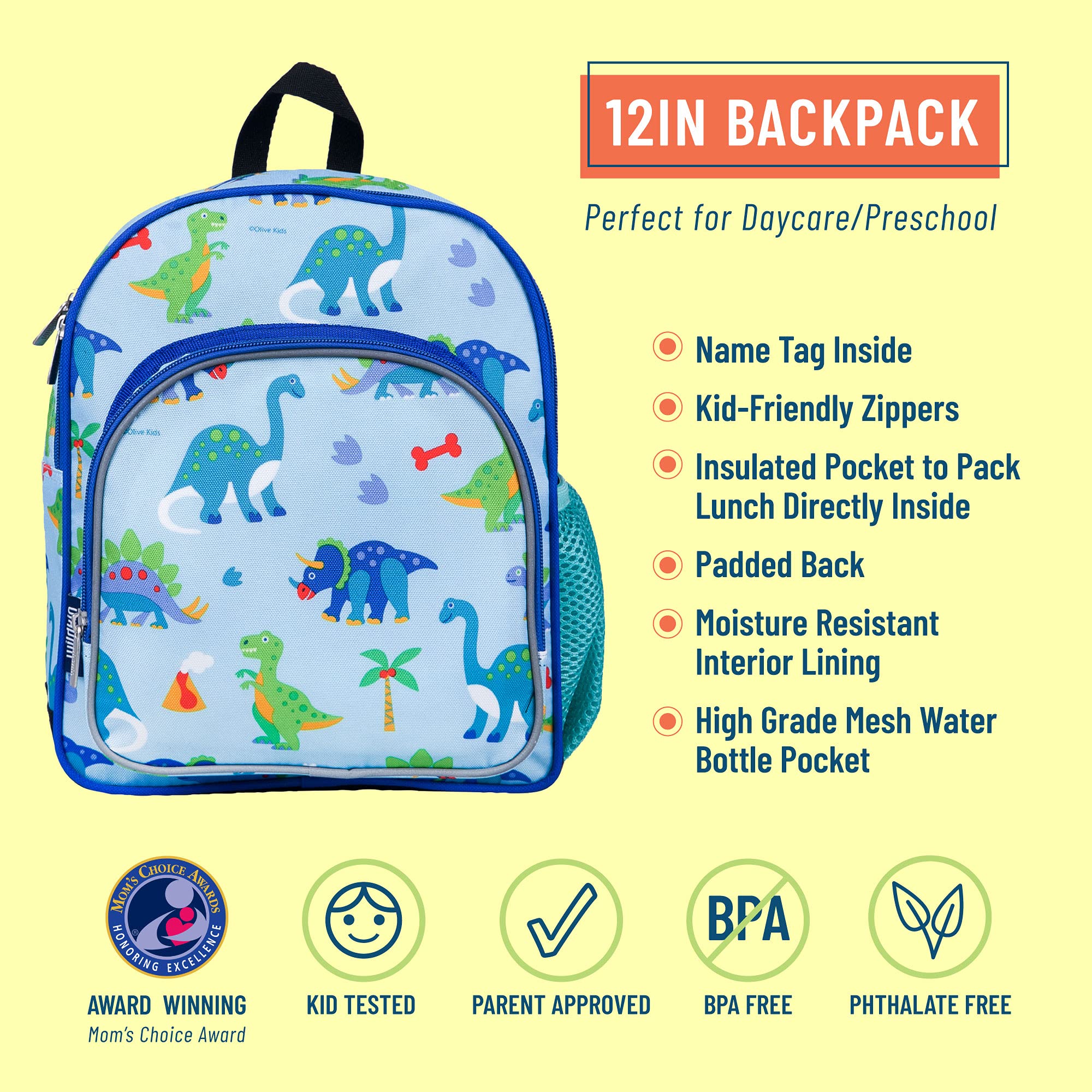 Wildkin 12 Inch Backpack Bundle with Insulated Lunch Bag (Dinosaur Land)