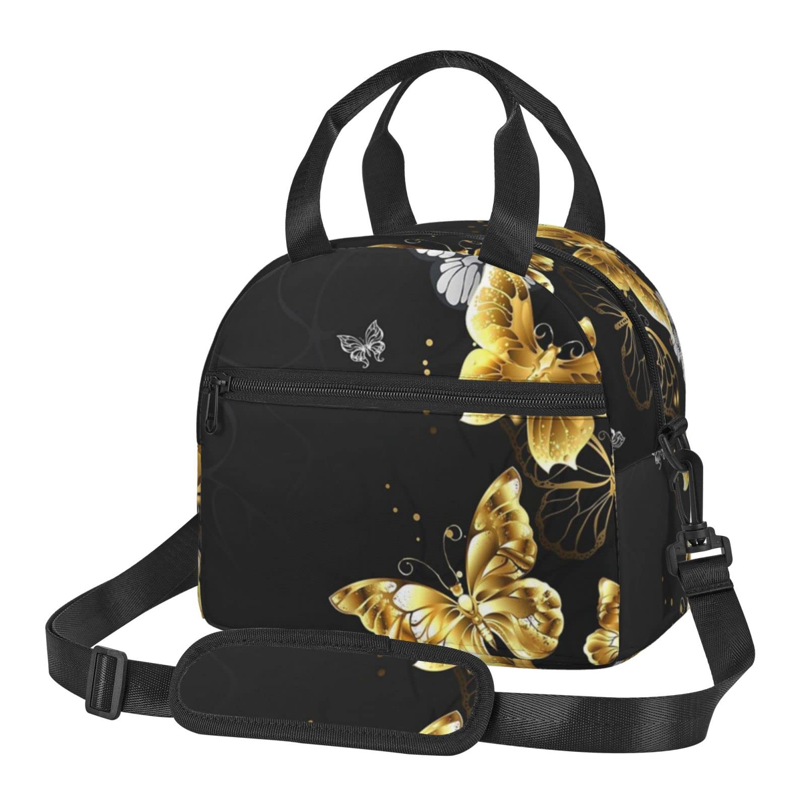 NHGFVT Lunch Bag For Women/Men Cooler Tote Bag Freezable Gold White Butterflies Black Lunch Box With Adjustable Shoulder Strap