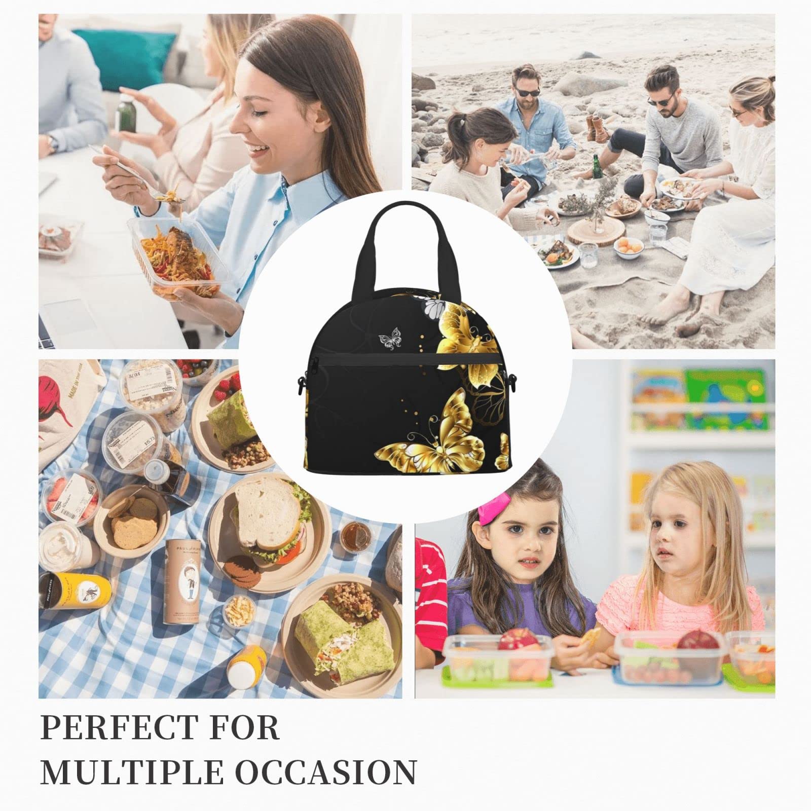 NHGFVT Lunch Bag For Women/Men Cooler Tote Bag Freezable Gold White Butterflies Black Lunch Box With Adjustable Shoulder Strap