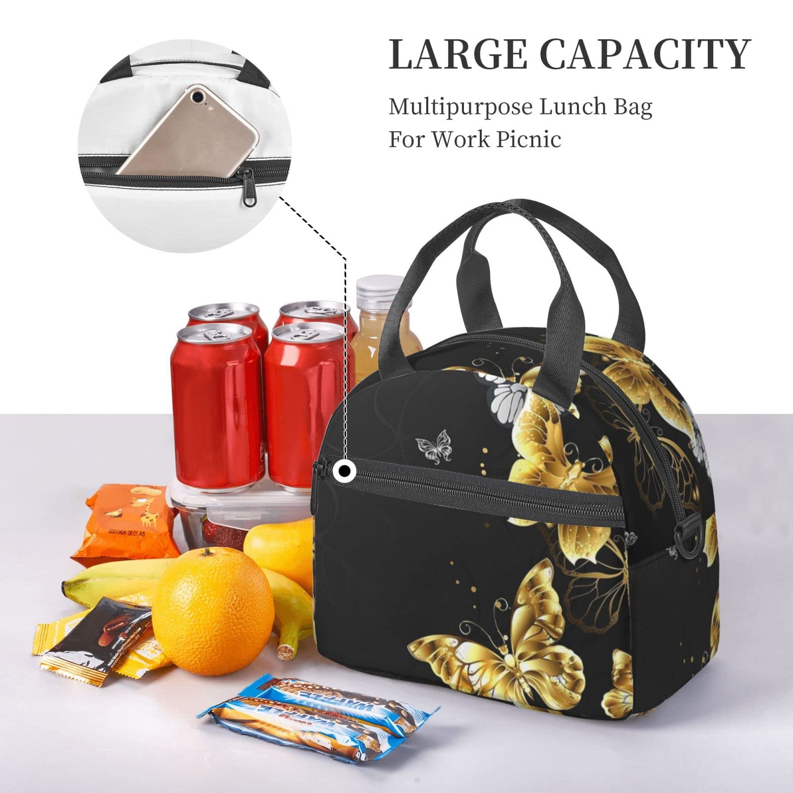 NHGFVT Lunch Bag For Women/Men Cooler Tote Bag Freezable Gold White Butterflies Black Lunch Box With Adjustable Shoulder Strap